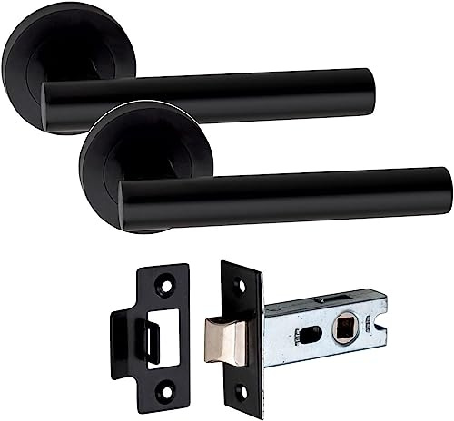 Golden Grace Straight T-Bar Door Handles & Latch, Matt Black Finish | Supplied with a 52mm round rose plate and 2.5-inch tubular mechanism; durable metal build offers a clean, concealed fix.