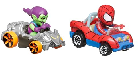 Hot Wheels Spielzeugautos, Set aus 2 RacerVerse Die-Cast-Fahrzeugen mit Charakteren als Fahrern, optimiert für den Einsatz auf RacerVerse Track (Stile können abweichen), HRT90