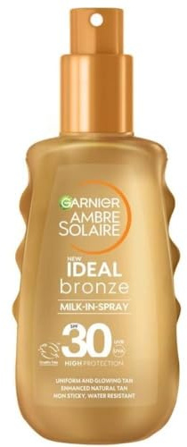 Garnier Ambre Solaire Ideal Bronze SPF30 Milk-In Spray, Tan Enhancing, with Vitamin E, High UVA & UVB Protection, Water Resistant, Non-Greasy, Uniform & Glowing Tan, No Self-Tan, 150ml