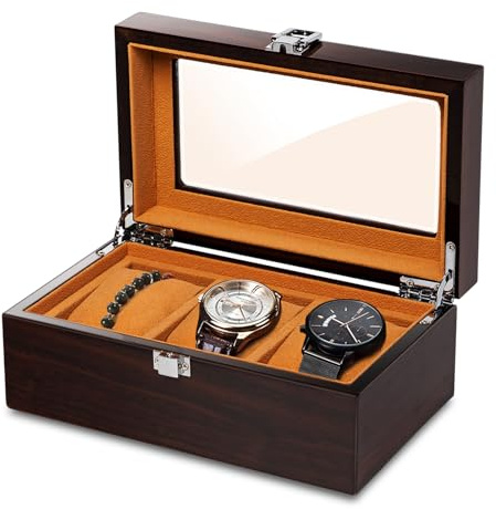 Niboow Boîte à Montres en Bois à 3 Grille, Boîte à Montres avec Couvercle en Verre, Support de Montre en Bois avec Coussins Amovibles, Organisateur de Rangement pour Montre, Cadeau pour Homme Fille
