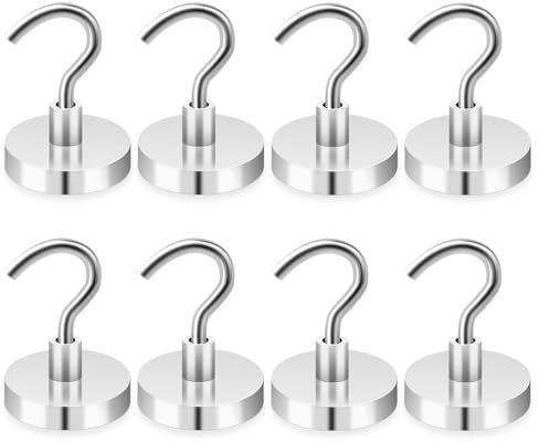 ZITUZY 8 Stück Magnethaken, 35 mm Magnete mit Haken, Magnete Extra Stark, Haken Magnetisch, für Küche, Garage, Büro (Silber)