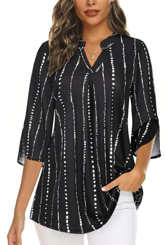 Flikity Ladies Tops 3/4 Sleeve Tops for Women UK V Neck Dress Shirts for Office Wear Business Casual Ladies Blouses Work Professional Formal Attire Career Tunics Tops Black Stripe Medium