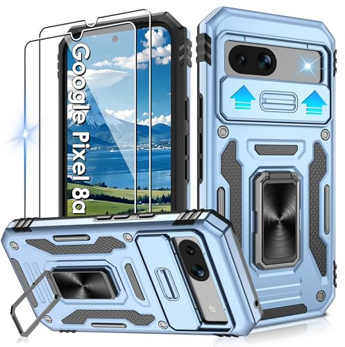 Jshru for Google Pixel 8a Case with 2 Pack Screen Protector,Military Grade Shockproof Case with Slide Camera Cover,Ring Stand Phone Cover for Google Pixel 8a,Light Blue