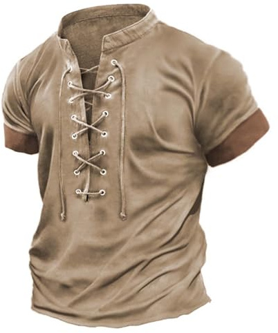Uwdiohq T-Shirt à Manches Courtes pour Hommes, Mode Printemps et été décontracté, rétro à Lacets, Blocage de Couleur, t-Shirt à Manches Courtes Tuniques Hommes Longues