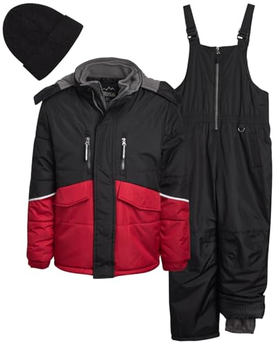 iXtreme Boys Snowsuit Set - 2 Piece Heavyweight Insulated Ski Jacket and Snow Pants Overall Bibs for Boys with Winter Hat, Size 14/16, Red