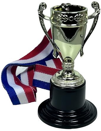 Confezione da 50 medaglie per trofeo di colore oro, alte 10,2 cm, con base larga 5 cm e nastri attaccati al collo rosso, bianco e blu, per il primo posto vincitore dei campioni trofei coppe, premi,