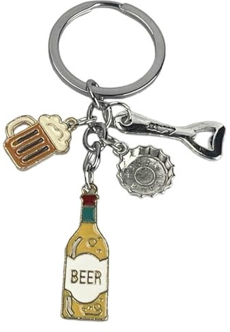 Porte-clés de bière - Porte-clés pour amateurs de bière avec ouvre-bouteille ou ouvre-bouteille, bouteille de bière et carafe à bière - Accessoire pour clés unisexe pour homme et femme, gris, Taille