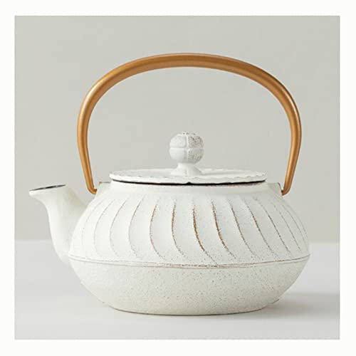Teiera Bollitore, Teiera in Ghisa, Bollitore, Teiera Giapponese Modello Letterario Retro con Manico, Base Sottopentola, Filtro in Acciaio Inox(White)
