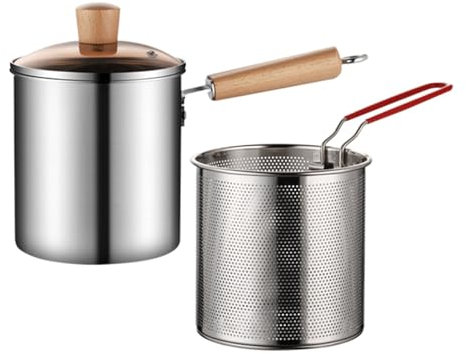 Olla y cesta para freír pescado, sartén profunda de 3 l con cesta coladora, mango de agarre, freidora de aceite para cocinar patatas fritas, alas de pollo, versátil, fácil de usar para entusiastas de