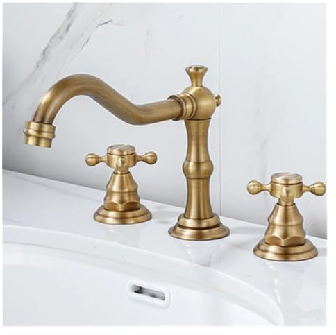 Waschbecken-Wasserhahn, Messing, Gold, Badezimmer-Wasserhahn, antiker Waschbecken-Wasserhahn, 3-Loch-Doppelgriff, Warm- und Kaltwaschwasserhahn,schnelle Befestigung
