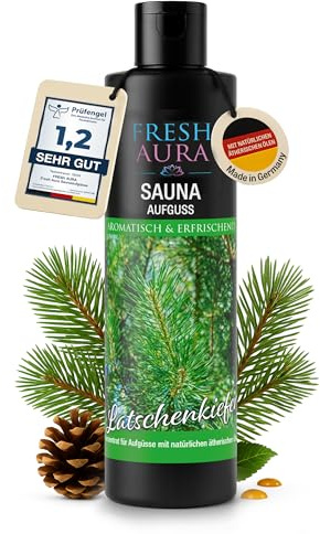 FRESH AURA Saunaaufguss Latschenkiefer (250ml) – Sauna Aufgussmittel mit natürlichen ätherischen Ölen – Sehr ergiebiger und langanhaltender Saunaduft | Made in Germany