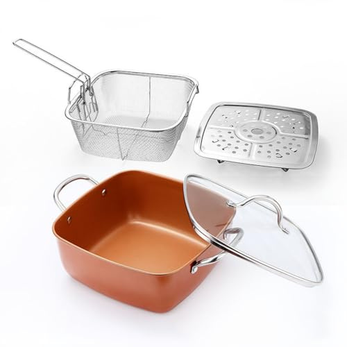 9.5” Non Stick Deep Frying Pan with Fry Basket Steamer Rack and Glass Lid Multi-Large Cooking Pan Stove Suitable Dishwasher Safe