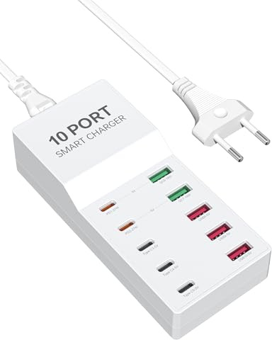 Cargador USB C, Rsydmny 100 W, cargador múltiple, 10 puertos USB, cargador rápido, cargador para iPhone 16/15/14/13/Pro/Max/Plus iPad, Samsung Galaxy Pixel, Huawei Xiaomi-Blanco