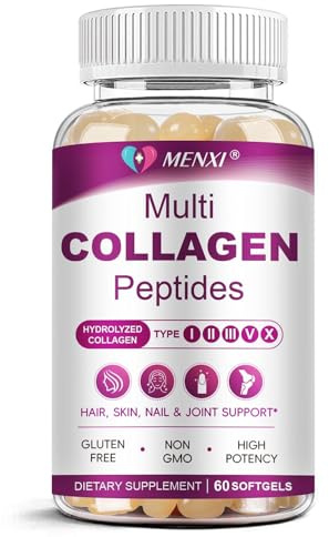 Multi Collagen Peptides Softgel for Women & Men - Type I, II, III, V, X - Hydrolyzed Collagen Peptides with Biotin, Vitamin C & Hyaluronic Acid - Support Skin, Hair, Nail & Joint - Non-GMO, 60 Softgel