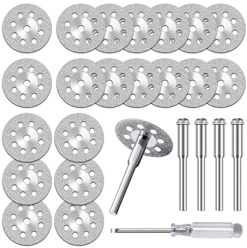20Pcs 22 Mm Diamond Cutting Wheel Cut Off Discs for Dremel Rotary Tool with 4 Pieces 3 Mm Mandrel and 1 Pieces Cross Crystal Screwdriver for Metal Glass Ceramics Porcelain Gem Stones