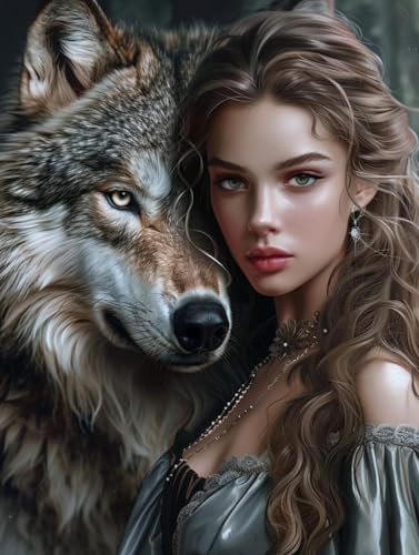 AYAOYANGGO 11CT Kreuzstich Set Stickset Frau Und Wolf，Fantasietiere，Kreuzstich-Set Für Erwachsene Mit Nadeln，Schereneinfädler，Vordruck Für Die Wanddekoration Zu Hause 40x50cm