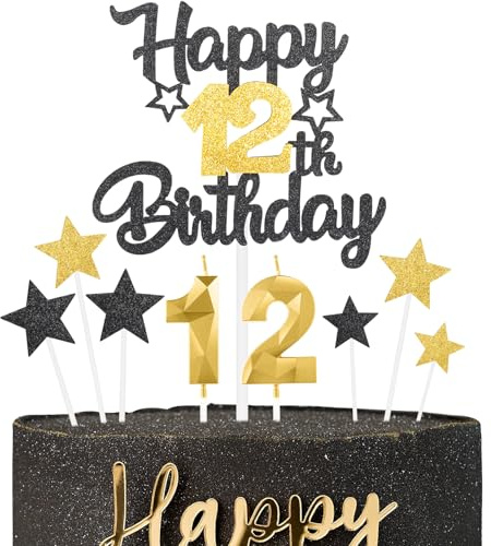 Décoration Or Noir Gâteau 12 Ans Anniversaire,9 Pièces Cake Topper 12 Ans,Bougies, Étoiles & Cœurs pour Cupcakes Décoration de Gâteau pour Femmes/Homme