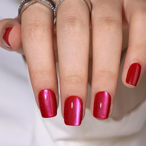 MouyouGlow Press on Nails Kurz,Square Einfarbig Cat Eye Lila Rot Magnetic Weihnachten Fake Nails mit Nagelkleber,Eckig Purple Red Phototherapy Christmas Künstliche Fingernägel