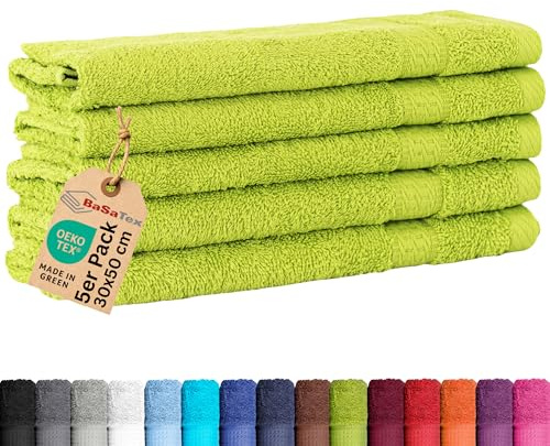 BaSaTex 5-pack frotté gästhanddukar set 30 x 50 – gästhandduk av 100 % bomull tillverkad i grönt – färg: äppelgrön
