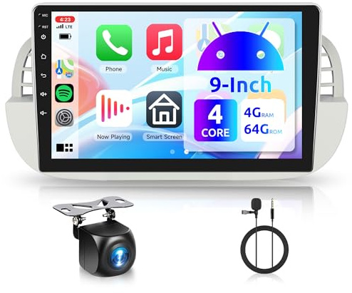 4G+64G Rimoody Android Autoradio per FIAT 500 2007-2015 9 Pollici HD Stereo Auto con Wireless Carplay Android Auto Navi GPS Mirror Link Bluetooth WiFi/FM/RDS/EQ/SWC/USB Telecamera Posteriore