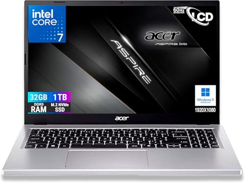 Acer Ordinateur portable Aspire Silver Intel Core i7-13620H 13Th Raptor Lake, 10Core, écran FullHD 15,6, RAM 32 Go DDR5 5200 Mhz, SSD PCIe NVMe 1000 Go, Wi-Fi6, BT, 2 USB, 2 USB type-c, Windows 11