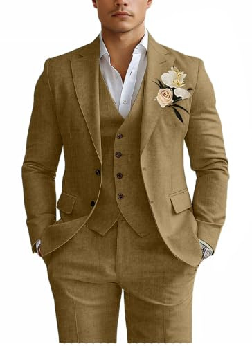 Costume de smoking 3 pièces en lin pour homme, coupe ajustée, pour la plage, un mariage, un bal de fin d'année, kaki, Taille L