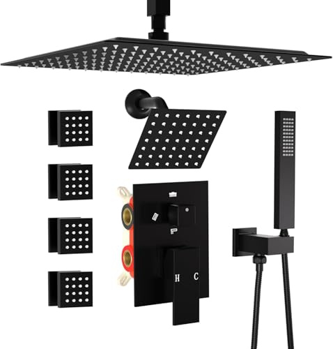 GETSHOWERSET Dual Shower Head Shower System with Body Spray Jets, 12 Ceiling and 6 Wall Mount Head Rainfall Shower Faucet Set with Valve Kit Matte Black