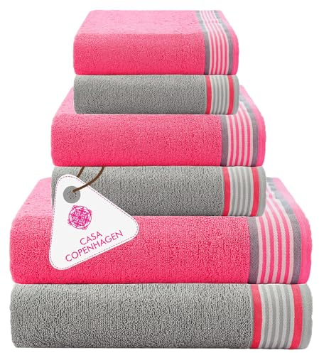 Casa Copenhagen Ensemble Serviettes 6 pcs He & She, Gris Violet+Rose, 550 g/m², 2 Bain, 2 essuie-Mains, 2 Gants Toilette, conçu au Danemark, fabriqué à partir de en Coton égyptien pour et Douche