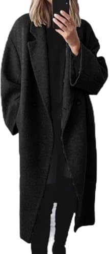 HEBEOT Womens Long Woolen Trench Coat Autumn Winter Fashion Versatile Cardigan Jacket With Long Sleeves Casual Solid Color Outerwear For Daily Wear(M Black)