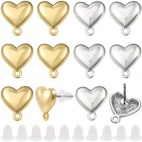 SUNNYCLUE 1 scatola Da 20 set di Orecchini A Perno con Anello, Orecchini A Perno A Forma di Cuore In Argento e Oro con 304 perni In Acciaio Inossidabile, Dadi per Orecchini In Plastica per La Creazion