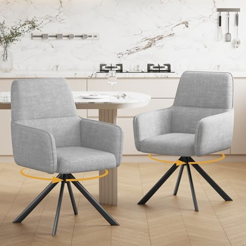 Ckaff Esszimmerstühle Drehbar mit Armlehne 2er Set, 360°Drehbar Polsterstuhl Küchenstuhl aus Chenille, Stühle Esszimmer Schminkstuhl mit Metallbeine für Esszimmer Küche Schlafzimmer, Hellgrau