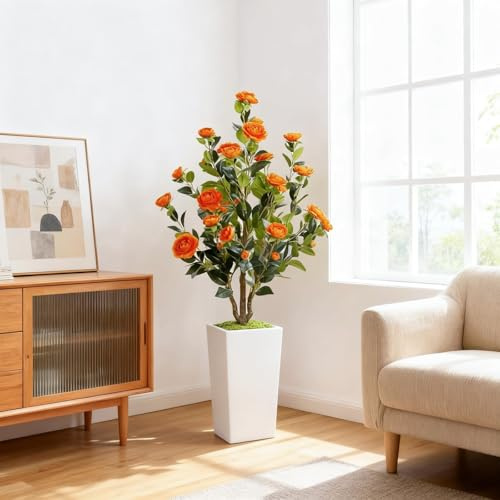 GarveeLife Konstgjord kameliaträd med vit kruka, 120 cm stor konstgjord växt, konstträd i kruka med justerbara blad och blommor, dekor, inomhusväxt för hem, bröllop, fest, trädgårdsdekoration, orange
