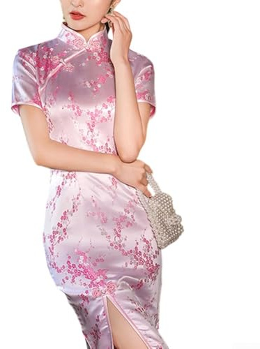 Robe Qipao élégante de style chinois pour femme - Longue robe traditionnelle Cheongsam avec imprimé fleurs de prunier pour le printemps et l'été - Rouge (S rose)