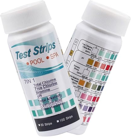 7-In-1 Pool Teststreifen, 100 Stück Wasser-Testkit für Ph Wert, Freies Chlor, Alkalinität, Cyanursäure, Gesamtchlor und Wasserhärte Schnelltest für Pool