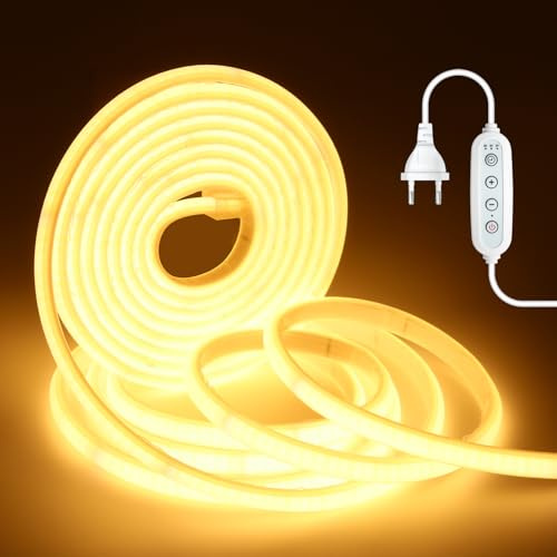 HEGEHE 220V COB Neon LED Streifen Selbstklebend, Dimmbar 240 LEDs/m, IP65 Wasserdicht Diffusion Flex LED Schlauch Lichtleisten, Alle 10cm Schneidbar, Direktanschluss (Warmweiß, 4M)