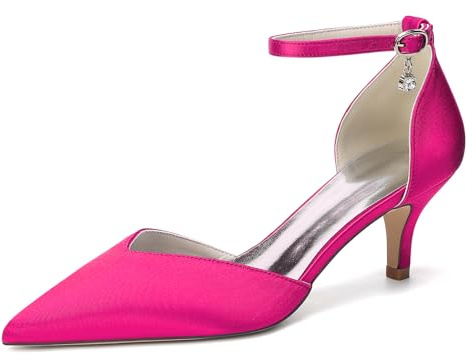 HFWXYSA Escarpins Femme Satin Bout Pointu Talon Bas 6cm Chaussures de Soirée Mariage Fête avec Bride Cheville et Charm Strass,Fuchsia,36 EU