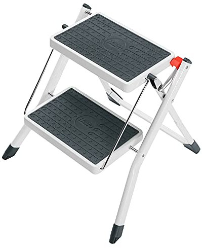 Hailo MK60 Mini Stahl-Trittleiter - 2 große Stufen mit Anti-Rutsch-Matten bis 150kg - Klappsicherung mit Entriegelungstaste - Tragegriff - Klapptrittleiter rostfrei und einfach zu verstauen - weiß