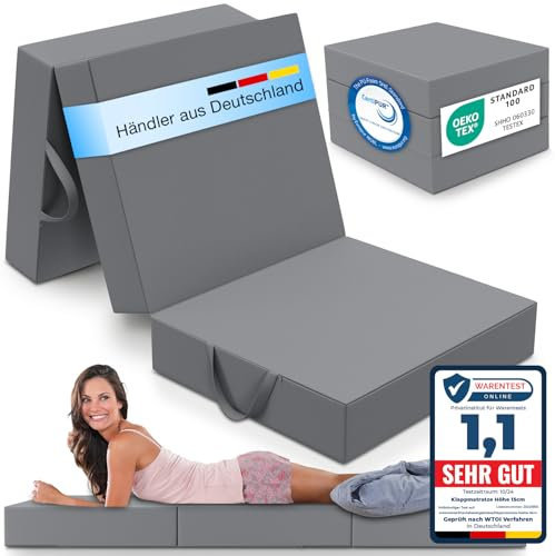 ELONEO Klappmatratze, Gästematratze, 3-teilige Faltmatratze, Schaumstoff extra dick (15cm), waschbar, Bandscheibenwürfel, klappbar, Faltbare Matratze, Erwachsene (Grau, 75 x 195 x 15 cm)