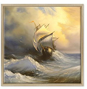 Bild auf Leinwand gerahmt – mit Rahmen – Segelschiff im offenen Meer – Sturm – 70 x 70 cm – moderner Stil aus Naturholz – (Code 1925)