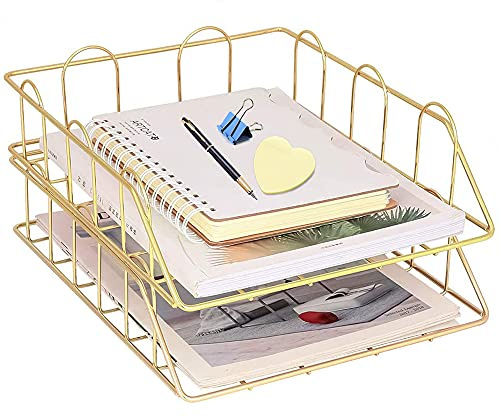 XINGHE 2 Stück Metall Dokumenten Ablage, Metall Ablagefächer Stapelbar Papierablage Schreibtisch, für Schreibtisch, Ablagefach, Briefablage (Gold)