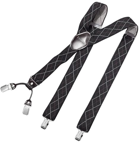 DonDon Bretelle da uomo eleganti extra forti 3,5 cm con 4 clip e toppa in pelle marrone