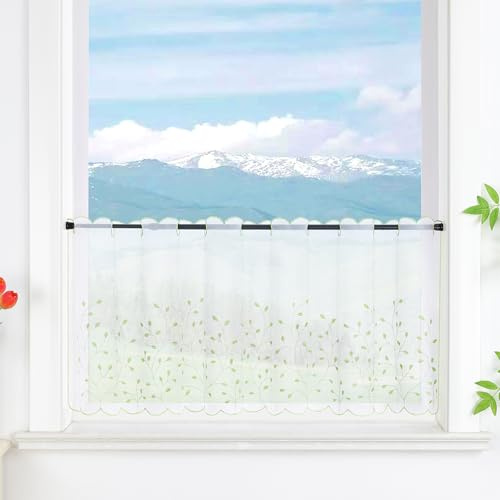Delien Voile Scheibengardinen Küche »Grünland« B120 x H30 cm, Grün | 1 Stück,Bistrogardine mit Stickerei,Transparent Kurzstores,Durchstangenzug Kurzgardinen,Kurzvorhang mit Blattmuster