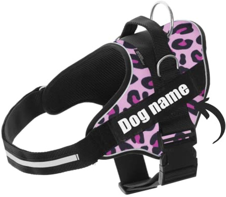 SUPER DOGGY Personalisiertes Hundegeschirr – Anti-Zug Brustgeschirr reflektierend – Für kleine, mittlere & große Hunde – Mit 2 Namensschildern (Pink Leopard, L 21-32KG)