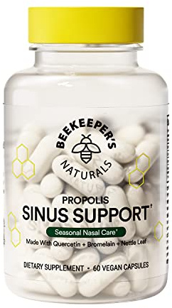 Beekeeper's Naturals All Natural Sinus Support for Adults, Seasonal Nasal Care Relief with Propolis, Quercetin, Bromelain, Nettle Leaf, & Vegan Capsule, Blocks or Suppresses Histamine, 60 ct