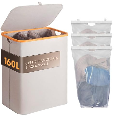 Tiklife Wäschekorb mit 3 Fächern, Wäschesammler mit Regal, ausziehbarer und abnehmbarer Wäschesack, ausziehbar, abnehmbar, Bambusrahmen,laundry basket(150L,grau) (160-beige)