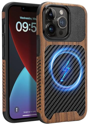 ZZDZZ Coque Magnétique Compatible avec iPhone 13 Pro Max Étui de Cuir en Bois et Carbone Protection Antichoc Housse pour iPhone 13 Pro Max - Noir