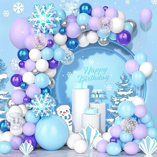 Ousuga Globos Frozen, 120 Piezas Globo Látex Violeta Blanco Azul, con Estampado de Copos de Nieve, para Fiestas de Cumpleaños, Temática Frozen Princesas, Confirmación, Baby Showers, Navidad Decoración