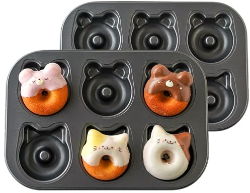 Elesinsoz 2 PCS Donut Pans, 2 1/2 Carbon Steel Cat & Bear-Shaped Donut Mold Cake Pan, 6 Cup Non-Stick Doughnut Pan for Home Baking