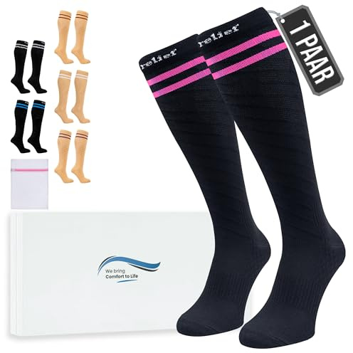 360 RELIEF Compression Socks for Women Men, 15-20 mmHg Supports Circulation, Travel Flight Socks, Pregnancy Stockings S/M, Black with 2 Pink lines + Laundry Bag