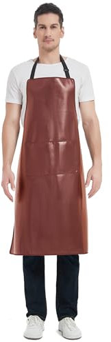 Artificial Leather Apron, Heavy Duty Work Apron for Man Woman, Waterproof Aprons Ideal for Chef, Butcher, Barber, DishWashing, Cleaning, Dog Grooming (Brown)
